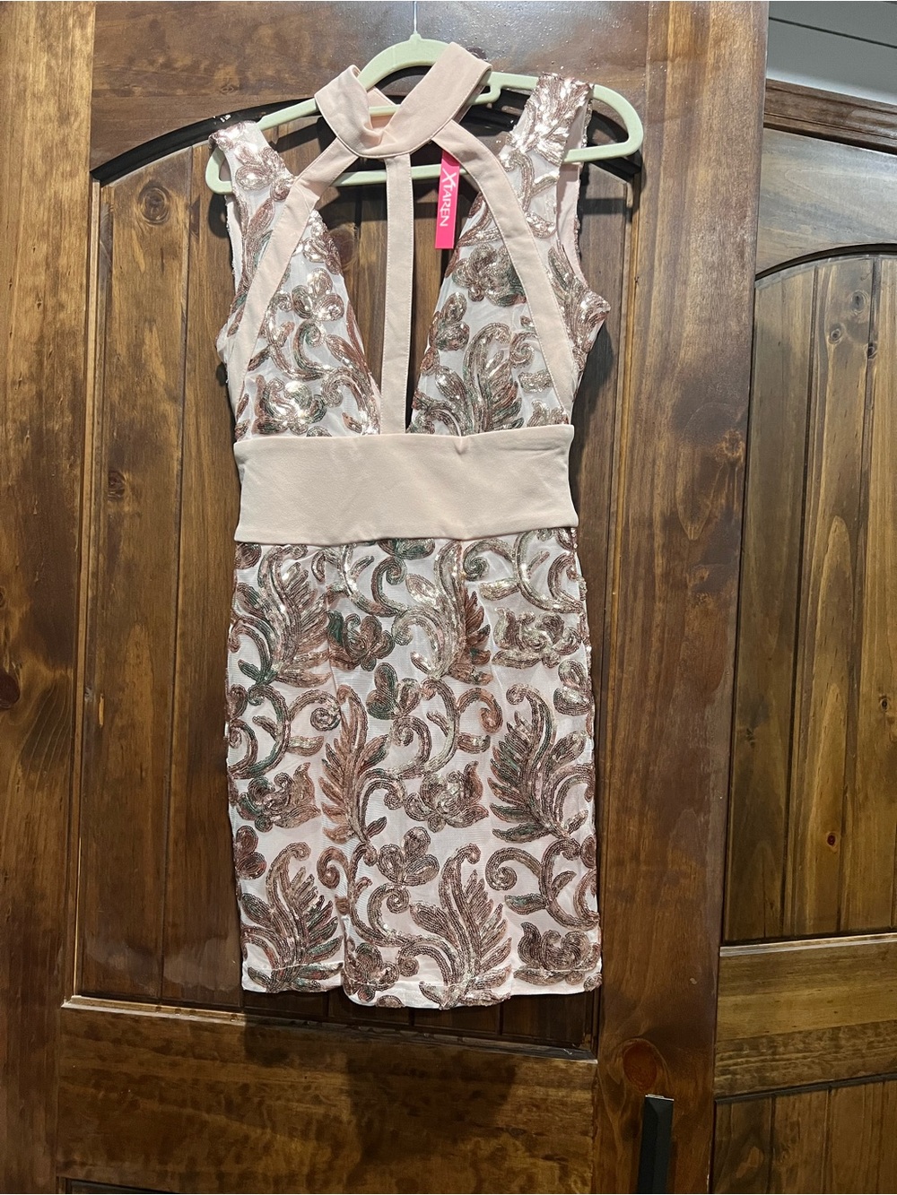 Xtaren Rose Gold Sequin Floral Halter Mini Dress